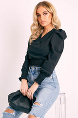 Black Shirred Hem Wrap Crop Top - Symone