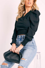 Black Shirred Hem Wrap Crop Top - Symone