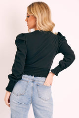 Black Shirred Hem Wrap Crop Top - Symone