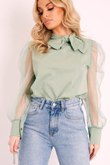 Khaki Mesh Sleeve Bow Neck Blouse - Adelin