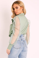 Khaki Mesh Sleeve Bow Neck Blouse - Adelin