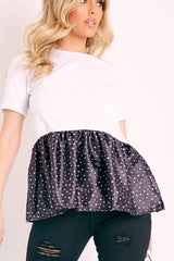 White Polka Satin Peplum Hem T-shirt - Zyria