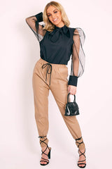 Black Mesh Sleeve Bow Neck Blouse - Adelin