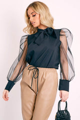 Black Mesh Sleeve Bow Neck Blouse - Adelin