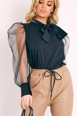 Black Mesh Sleeve Bow Neck Blouse - Adelin