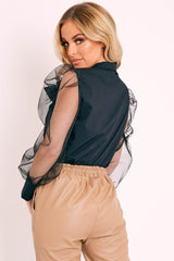 Black Mesh Sleeve Bow Neck Blouse - Adelin