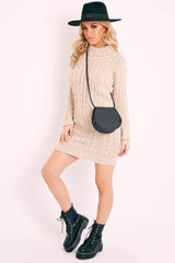 Beige Cable Knit Roll Neck Jumper Dress - Matilda