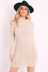 Beige Cable Knit Roll Neck Jumper Dress - Matilda