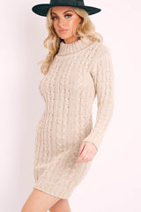 Beige Cable Knit Roll Neck Jumper Dress - Matilda