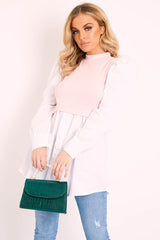 Pink Overlay Detail Puff Sleeve White Shirt Dress - Olah