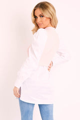 Pink Overlay Detail Puff Sleeve White Shirt Dress - Olah