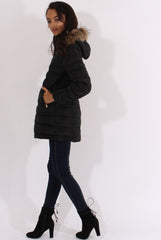 Black Long Quilted Coat with Faux Fur Hood - Calypso