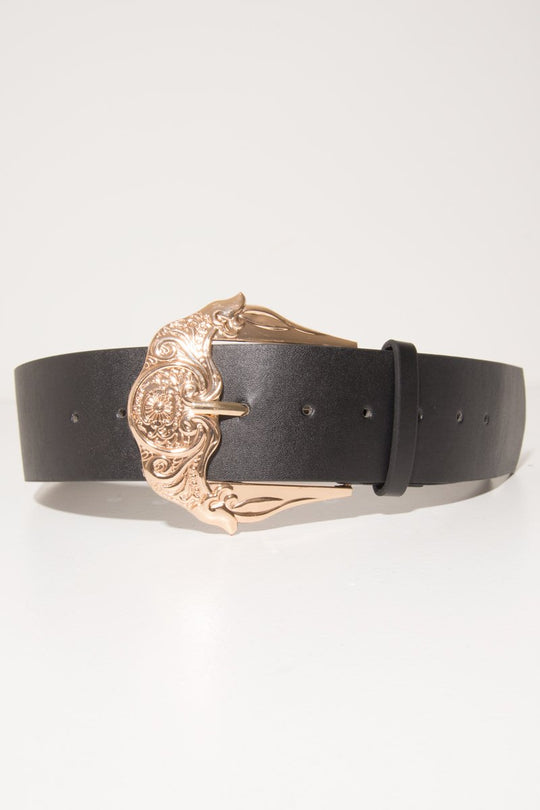 Black Wide Belt With Large Gold Buckle - Frida