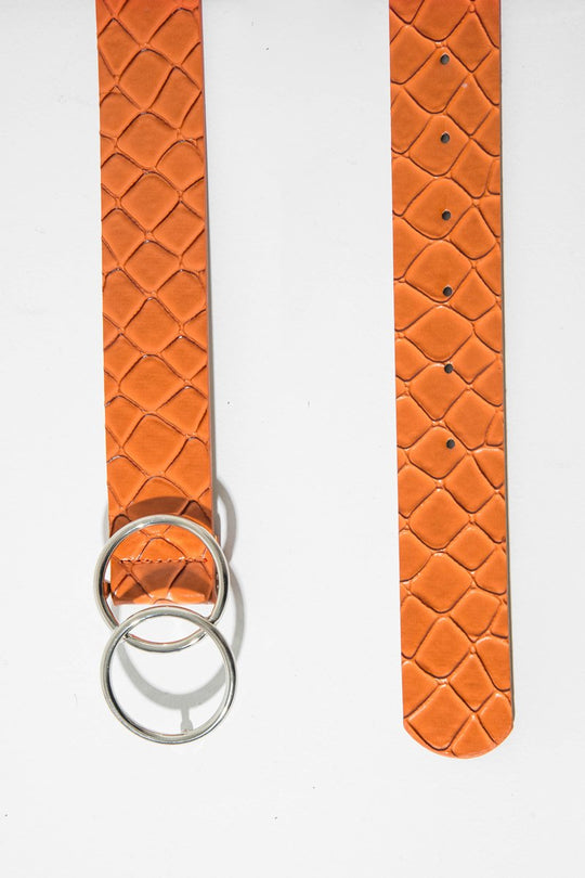 Rust Faux Croc PU Double Circle Buckle Belt - Tansy