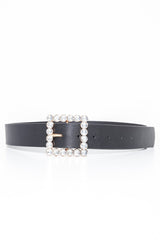 Black Faux Leather Embellished Buckle Belt - Oneita