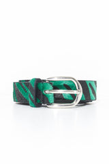 Green Black Faux Pony Hair Zebra Print Belt - Calliana