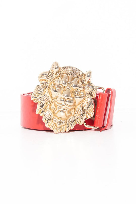 Red Faux Leather Gold Lion Head Buckle - Noha