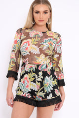 Black Mesh Floral Print Fringe Playsuit - Berna
