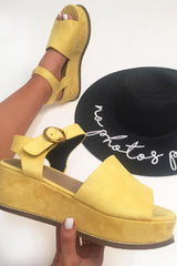 Yellow Faux Suede Peep Toe Flatforms - Bernetta