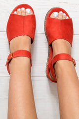 Red Faux Suede Peep Toe Flatforms - Bernetta