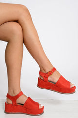 Red Faux Suede Peep Toe Flatforms - Bernetta