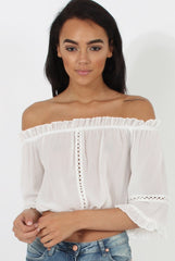 White Bardot Crochet Detail Crop- Bernie