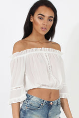 White Bardot Crochet Detail Crop- Bernie
