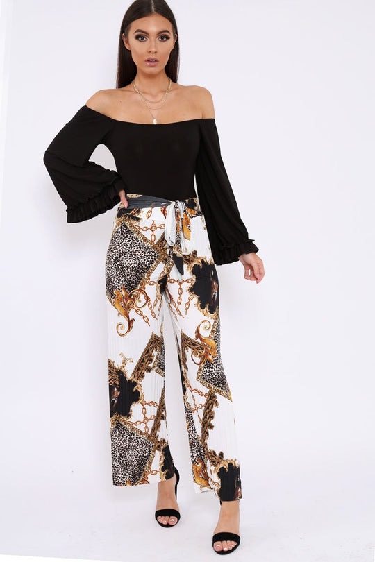 White Chain Leopard Pleated Wide Leg Trousers - Bess