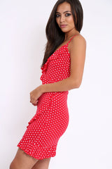Red Polka Dot Wrap Dress with Frills - Beth
