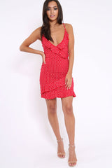 Red Polka Dot Wrap Dress with Frills - Beth