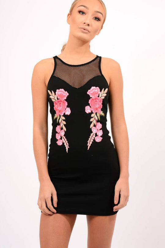 Black Mesh Floral Applique Bodycon Dress - Danika