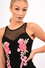 Black Mesh Floral Applique Bodycon Dress - Danika