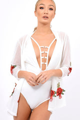 White Mesh Floral Applique Kimono - Lizzy