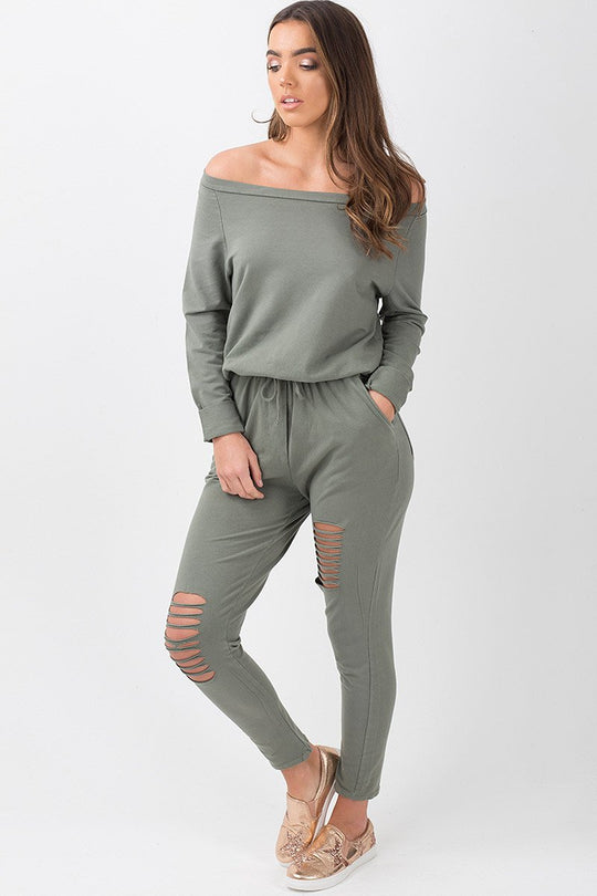 Khaki Bardot Distressed Jumpsuit - Bethan