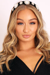 Black Silver Diamante Pearl Embellished Chunky Headband - Rye