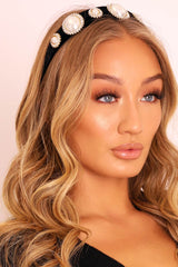 Black Silver Diamante Pearl Embellished Chunky Headband - Rye