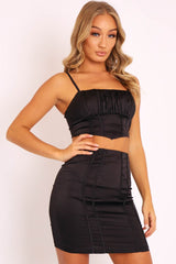 Black Satin Ruched Crop Top Seam Detail Skirt Co-ord - Dailah