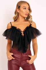 Black Tulle Ruffle Bodysuit - Irelia
