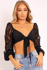 Black Lace Puff Sleeve Tie Front Crop Blouse - Nishka