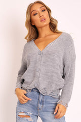 Grey Knitted Distressed Button Front Cardigan - Trudie