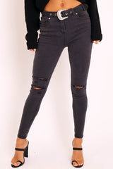 Black Washed Denim Ripped Buckle Belted Skinny Jeans - Suzie