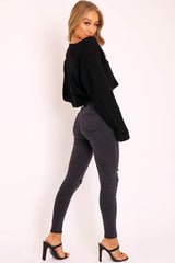 Black Washed Denim Ripped Buckle Belted Skinny Jeans - Suzie