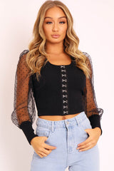 Black Polka Sleeve Eyelet Fastening Square Neck Top - Aayla