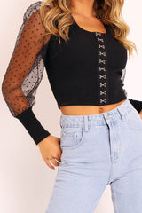Black Polka Sleeve Eyelet Fastening Square Neck Top - Aayla