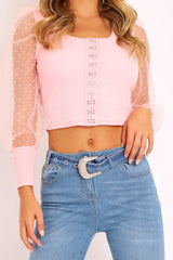 Pink Polka Sleeve Eyelet Fastening Square Neck Top - Aayla