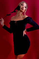 Black Satin Ruched Lace Front Dress - Dania