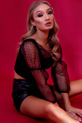 Black Polka Dot Organza Sleeve Crop Top - Bianca