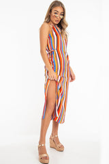 Orange Stripe Halterneck Drawstring Waist Maxi Dress - Melanie