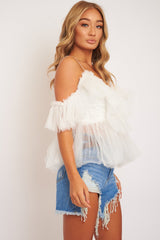 White Bardot Tie Front Tulle Top - Jax