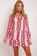 Pink Snake Plunge Tiered Detail Dress - Kaiya